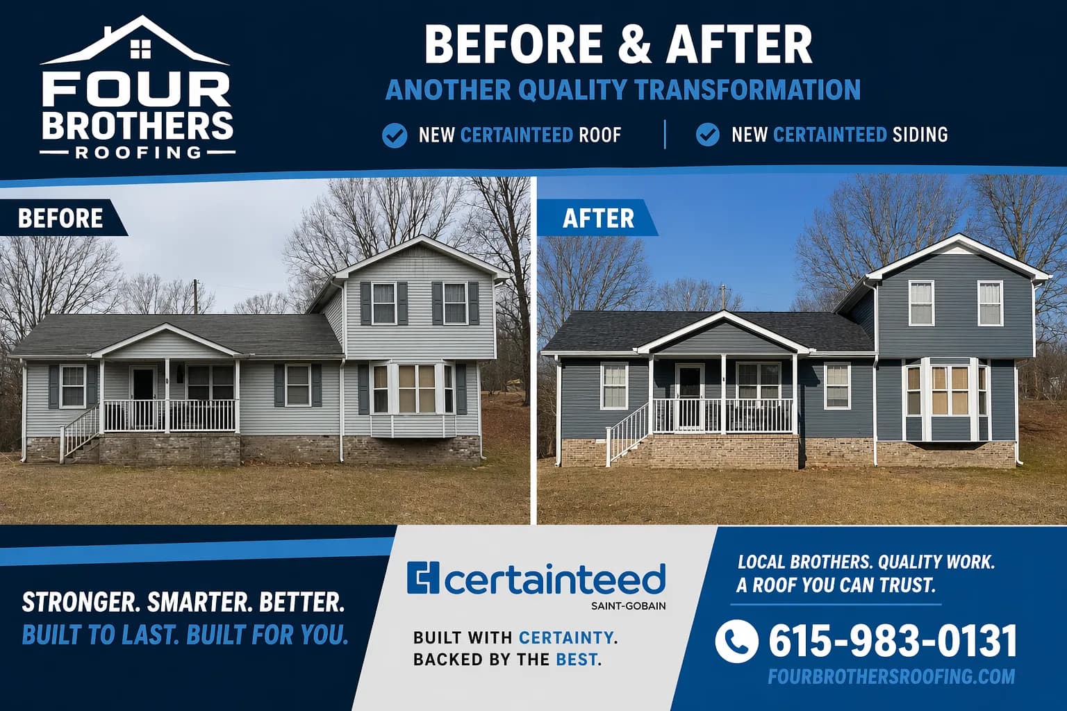 Branded before-and-after roof transformation graphic