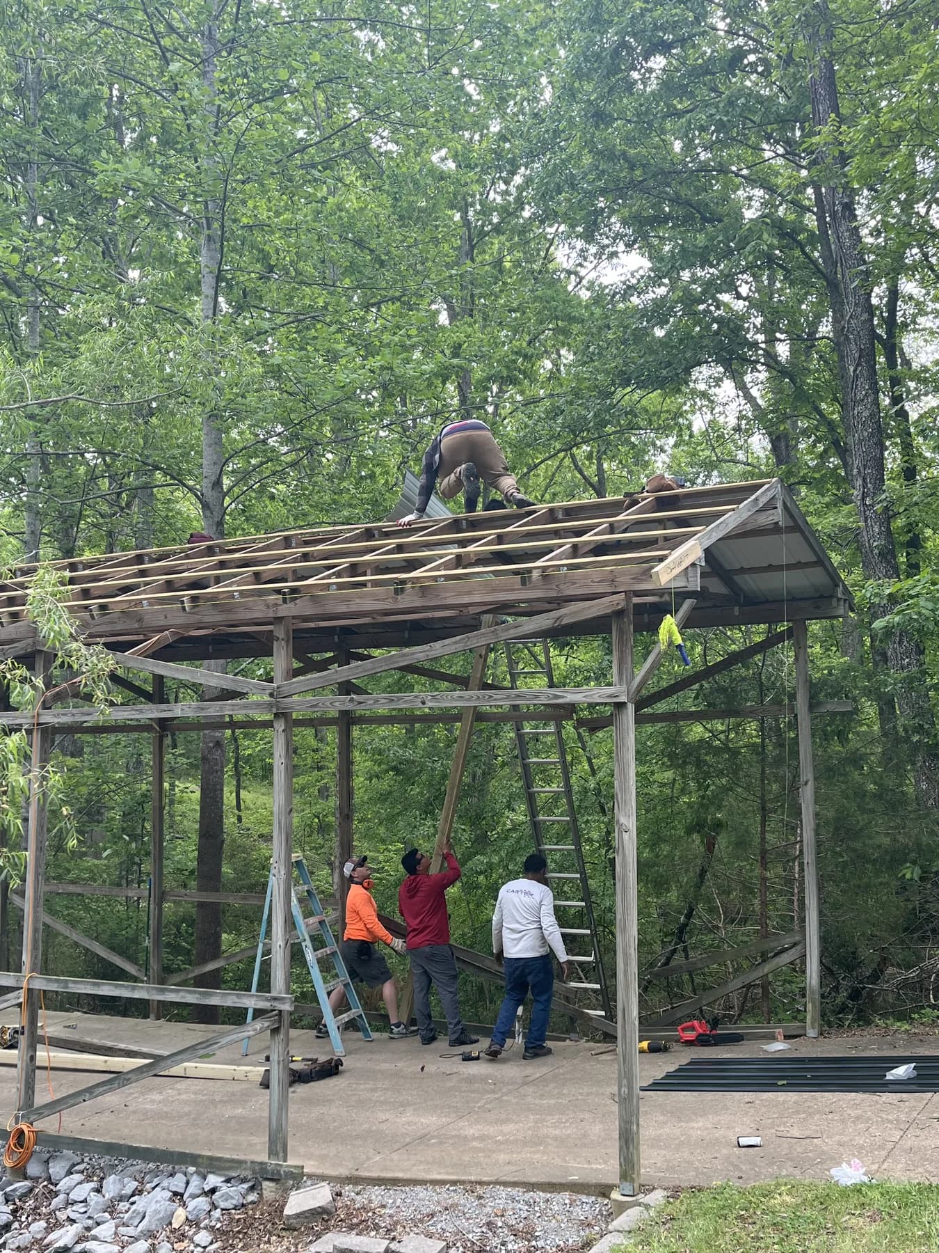 Covered porch roof framing progress