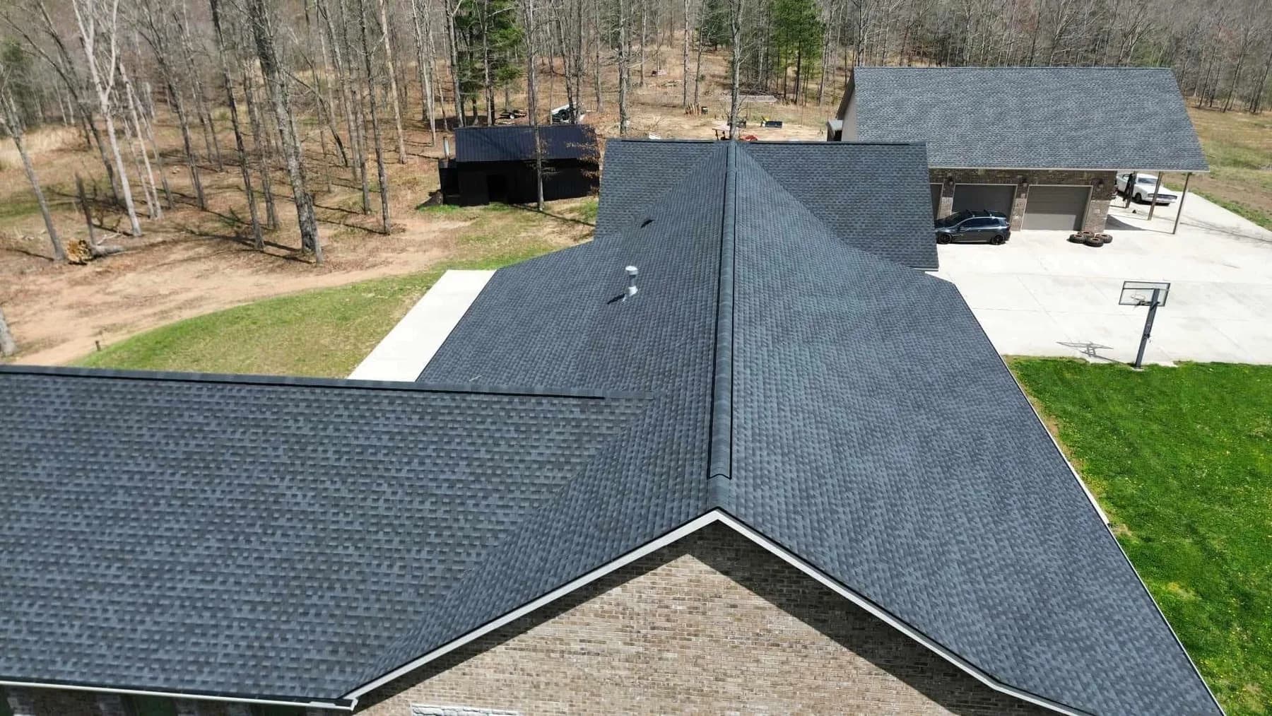 Aerial roof detail from a completed Four Brothers Roofing project